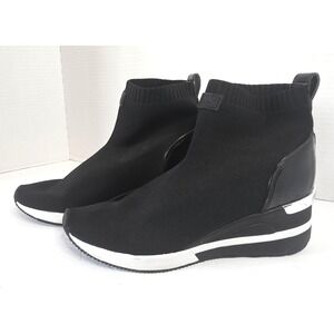 Michael Kors Skyler Black Knit Wedge Sneakers High Top Sock Boots Silver Trim 9